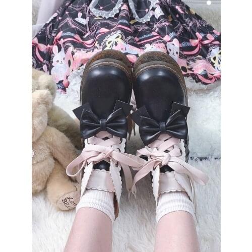 High Top Lolita Boots Black/brown Bowknot Lace Ribbon Women Ankle Boots Sweet Winter Kawaii Cosplay Girls Pu Japanese Loli Shoes
