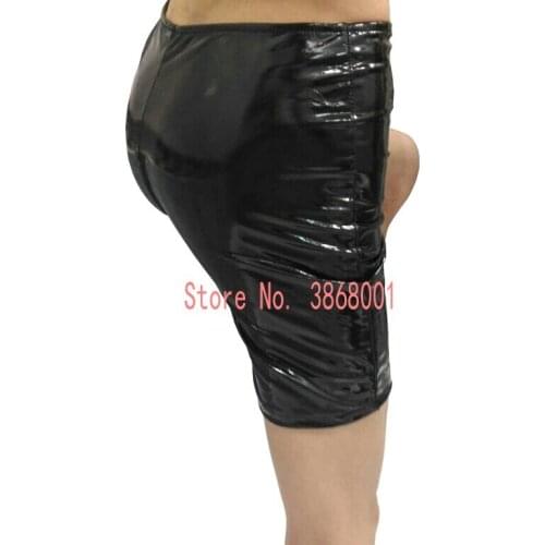 Women men fake Leather PVC Slim Fit Wetlook Open Zippered Crotch Tight Shorts for Female Nightclub Costume Party Clothing