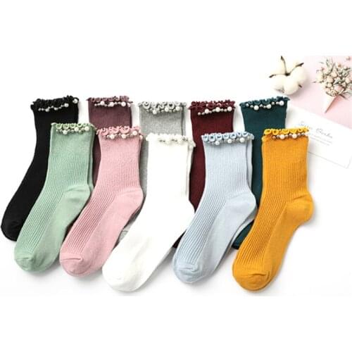 Women Pearl Socks 2020 New Trend Fashion Korean Autumn Winter Cotton Girls Sock Warm Candy Color Cute Short Socks Female