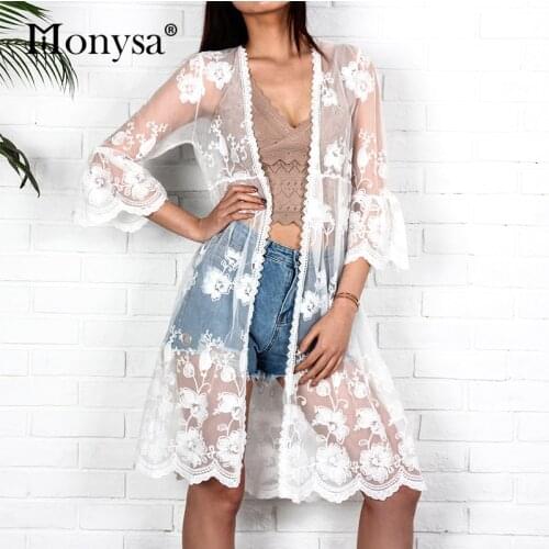 Women Floral Embroidery Lace Cardigans Summer 2019 New Arrivals 3/4 Sleeve White Beach Cover Up Ladies Long Kimono Cardigan