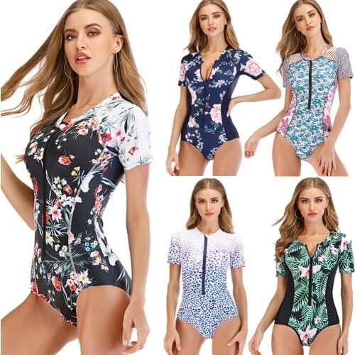 Womens One Piece Swimsuit Floral Print Surfing Swim Suit Short Sleeves Diving Rash guard Female Beachwear Bathing Suit L XL XXL