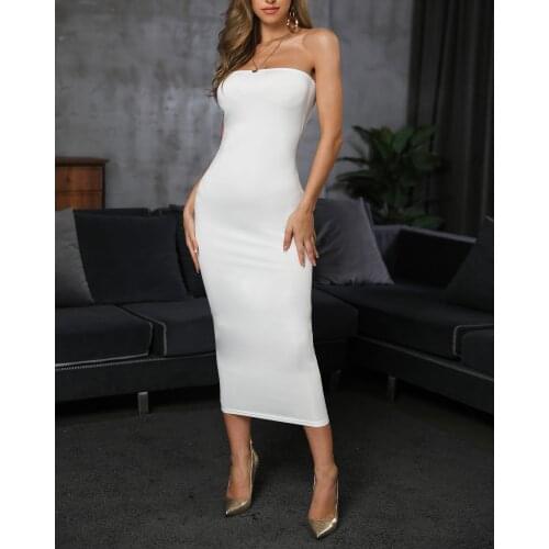 2021 Spring Fashion Bandeau Sleeveless Solid White Tight Bodycon Party Wear Sexy Womens Maxi Dress Summer Ladies Eleagnt Robes