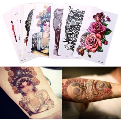 Skull Head Decal 1pc Fake Women Men DIY Body Art Tattoo Design Wolf Owl Eyes Flowers Girls Temporary Tattoo Sticker