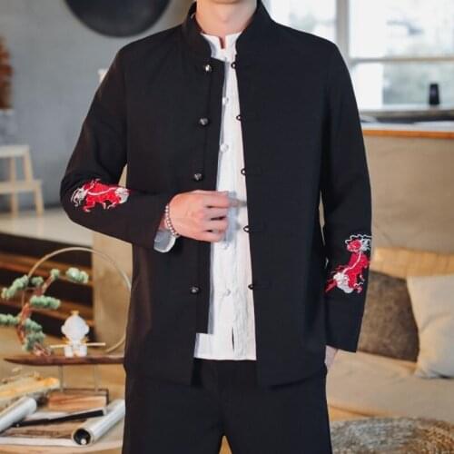 2021 Traditional Chinese Men Retro Casual Shirt Cotton Tops Male Stand Collar Embroidery Kung Fu Clothes Tunic Tang Suit 30722