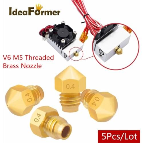 5Pcs 3D Printer V6 M5 Threaded Screw Bore 0.4mm Brass Nozzle fit V6 2 In 1 Out Heat Block for 3D Printer Parts 1.75mm filament