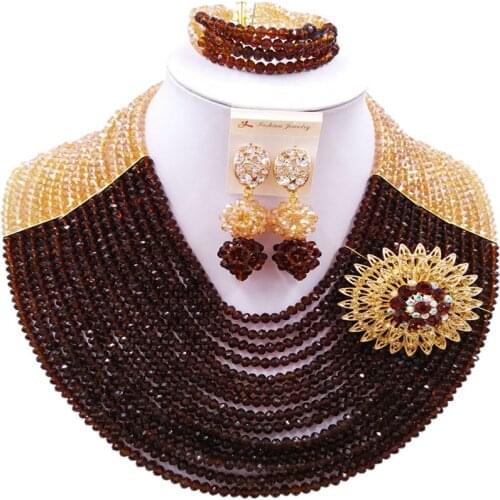 ACZUV Women Costume Jewelry Set Gold and Brown African Beads Nigerian Wedding Party Jewelry Sets 15C-018