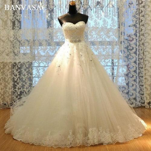 BANVASAC 2017 New Luxury Crystals Strapless Wedding Dresses Embroidery Sleeveless Satin Sweep Train Lace Bridal Ball Gowns