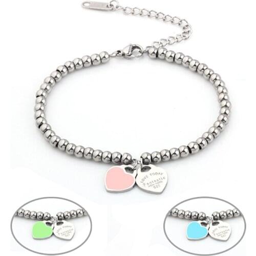 Stainless Steel Bracelet Women Beads Bracelet For Women Charm Bracelet Heart Shaped Beads Bracelet Steel Jewelry Gift