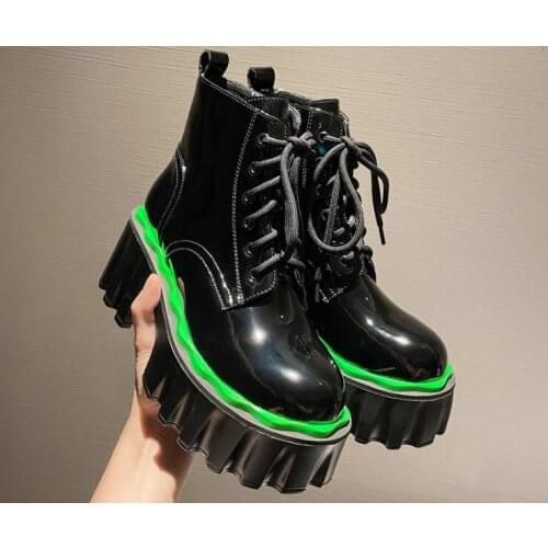 Girls Black Purple Green Patchwork Patent Leather Cross Lace Up Front Round Toe 65 MM Chunky Heels Platform Short Martin Boots