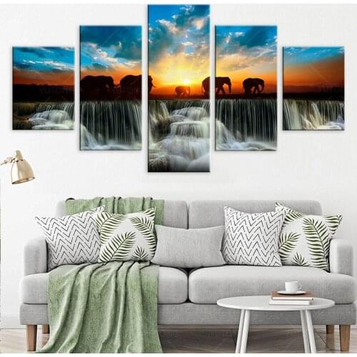 Home Decor Modern HD Printed Paintings 5 Panel Elephant Animal Sunset View Wall Art Frame Canvas Living Room Pictures Tableau