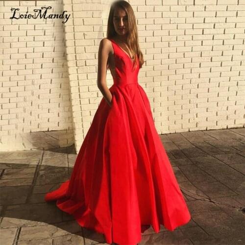 Mbcullyd 2019 Matte Satin Long Prom Party Dresses with Pockets Formal A Line Evening Pageant Dress Red vestidos de fiesta