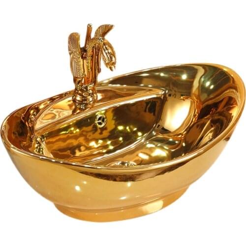 European Ceramic Gold Color Wash Basin Golden Sink Bathroom Countertop Shampoo Sinks Hotel Ceramic Art Basin Vessel Sink