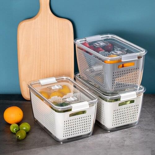 Kitchen Plastic Storage Box Fresh-Keeping Box Refrigerator Fruit Vegetable Drain Crisper Kitchen Storage Containers With Lid