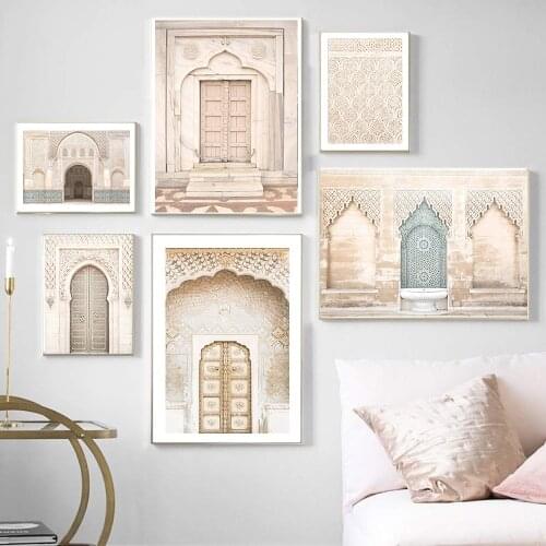 Moroccan Door Wall Art Bohemian Arabic Calligraphy Canvas Panting Islamic Architecture Poster Print Wall Pictures Boho Decor