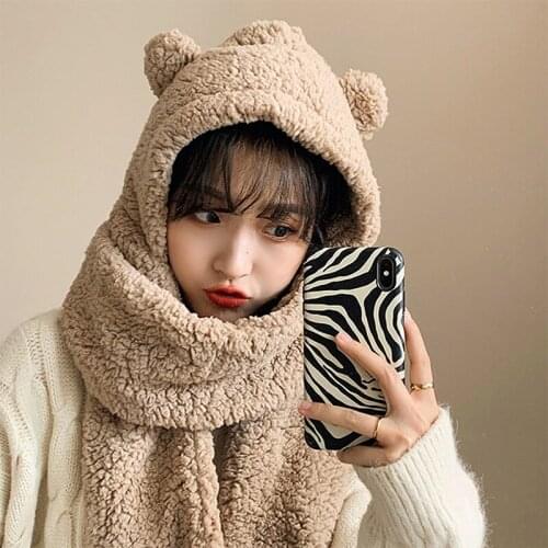 Cute Bear Ear Scarf Hat Warm Neckerchief Winter Ski Hat Neck Gater Korean Style Balaclava Fleece Hiking Hat for Women Men Girls