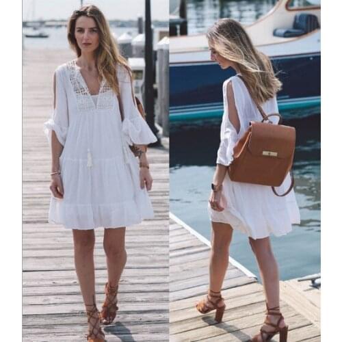 2019 Fashion Beach Dress Women White Lace Hollow Out Sexy Beach Cover UP Bikini Tops Summer Knee-Length Falbala One-Piece Dress