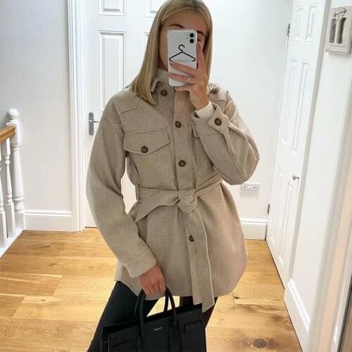 Za 2021 Fashion Women Jackets Woolen Loose Sashes Pockets Long Coats Winter Autumn Female Elegant Button Jackets Mujer