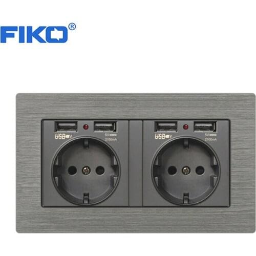 FIKO EU family wall power socket EU standard with dual USB , 16A EU Gray Aluminium Alloy Panel EU Power standard 146*86mm