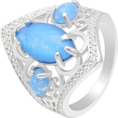 New Fashion CZ Hollow Blue Fire Opal Ring Jewelry White Gold Filled Classic Claw Oval Charms Wedding Bands Party Ring For Women