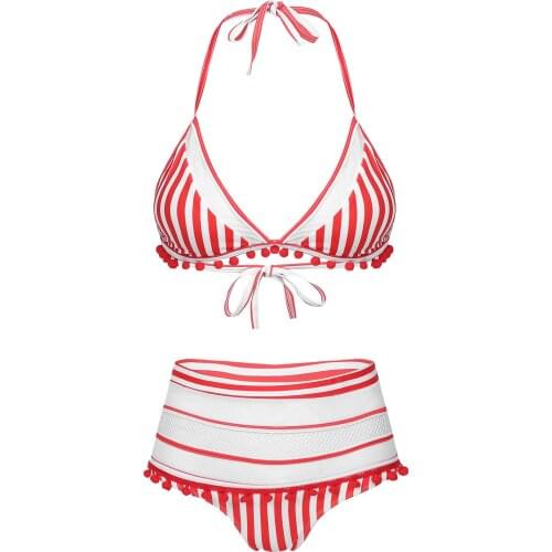 New Women Sexy Swimsuit 2021 Mesh Striped High Rise Bikini Briefs Halter Strap Tassel Trim Swimwear Bathing Suit for Beach Party