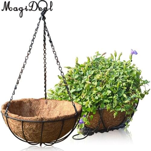 2pcs Hanging Coconut Basket Planter Flower Pot Black Metal Frame Hanger 14inch