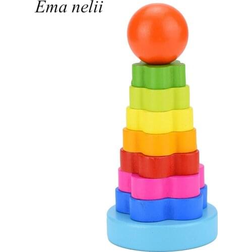 New Rainbow Donut Stack Tower Wooden Block Toy Baby Hand Eye Coordination Training Game Color Shape Learning Toys for Children
