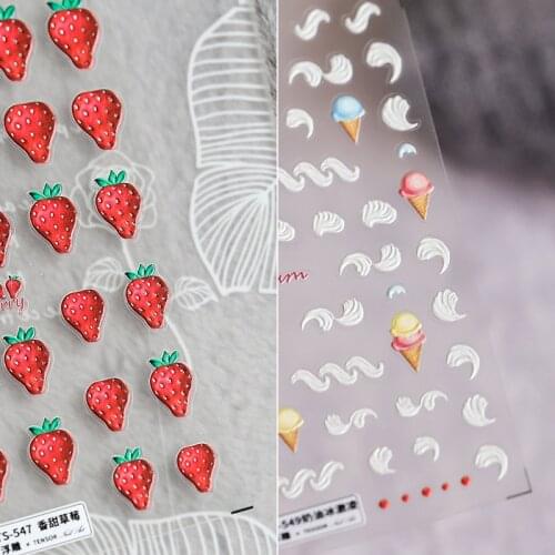 New Technology 5D Relief Nail Sticker Cute Red Sweet Strawberry Ice Cream Lattice Nail Sticker Decorations Nail Decals Design