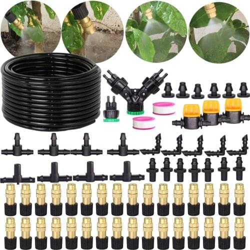 10-50m Automatic Spray Irrigation Atomization System Garden Watering Kit Adjustable Brass Nozzle 2-Way 4 Ways Micro Drip Kits