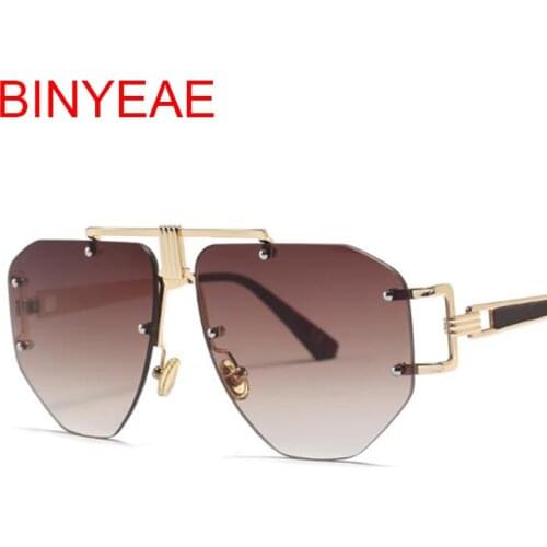 Rimless Brown Oversize Sunglasses For Ladies Double Bridge Designer Luxury Alloy Square Sun Glasses Mens Women Fashion