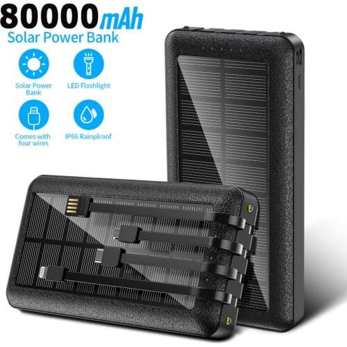 80000mah Power Bank with Solar Panel Portable Fast Charging External Battery Come with Data Lines Apply to Xiaomi Iphone Samsung