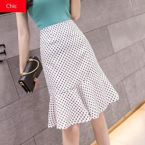Spring Summer Dots Print Skirts Office Semi Skirt Black White Mermaid Skirts High Waist Knee-Length Flounce Ruffles Wrap Skirts