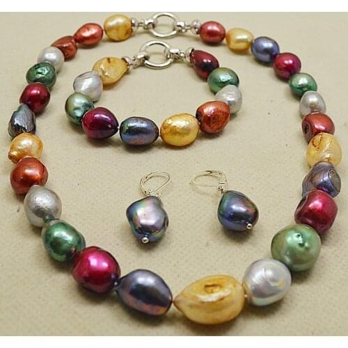 Terisa Pearljewelry Store Natural Multicolor Baroque Pearl Jewelry Set Huge Size Real Freshwater Pearl Necklace Bracelet Earring