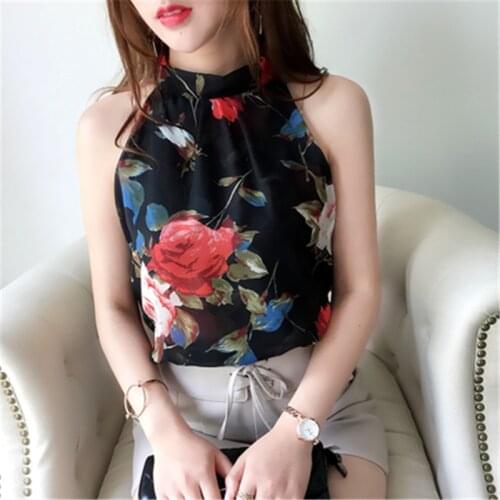 2018 Chiffon Blouse Sleeveless Halter Shirt Stripe Flower Dot Black White Tops 2018 Summer Woman Fashion Elegant Blusas ZY3394