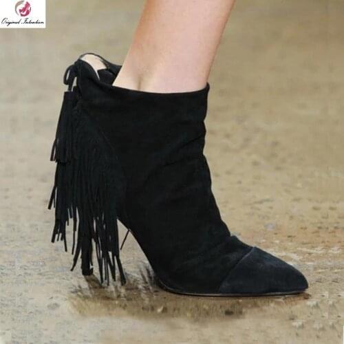 Autumn Winter Black Fringe Ankle Boots Women 2021 Newest Thin High Heels Boots Suede Botas Mujer Stiletto Shoes Woman Plus Size