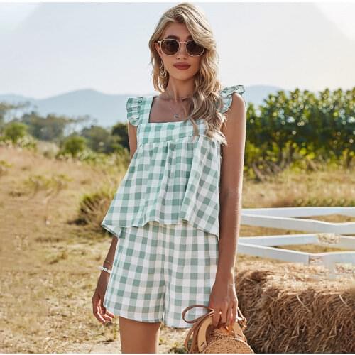 2021 Summer New Sweet Plaid Set Women Ruffle Square Collar Backless Sling Tank Tops Wide-leg Shorts Women Fashion Two Piece Sets