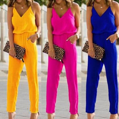 2021 Summer Women Fashion Sleeveless Jumpsuits Ladies Solid Color Bodysuit Holiday Casual Wide Leg Loose Long Pants Trousers