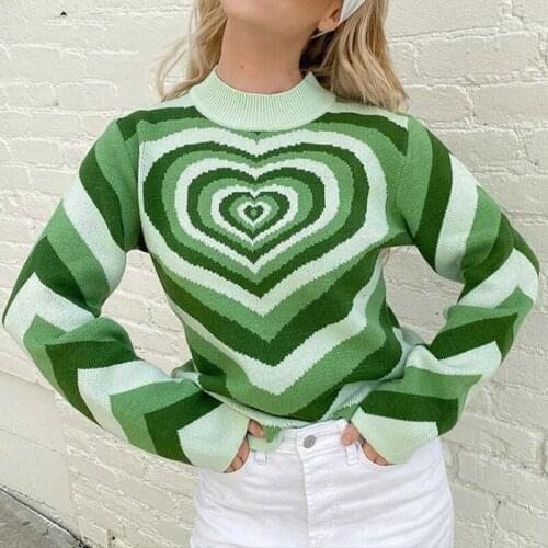 Aesthetics Heart stripe print Top women cute knit Y2k Sweater oversize vintage High street Blouse Winter soft Womens sweater