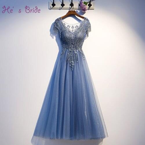 Hes Bride New Elegant Blue Prom Dress Appliques with Beading Short Sleeve Lace Up Floor-length Prom Formal Grown Robe De Soiree