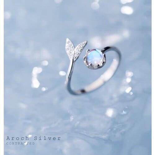 Cute Mermaid Colored Moonstone Silver Stacking Ring Open Adjustable Size for Girl Women Frindship Match KPOP Gothic