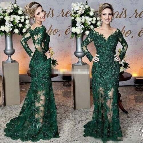 Newest Dark Green Mother of The Bride Dresses Sheer Jewel Neck Lace Appliques Long Sleeve Mermaid Formal Evening Prom Dress