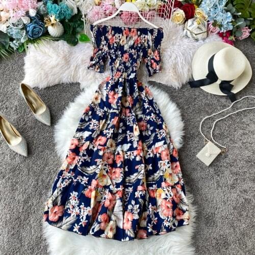 Boho vintage 2021 floral print Sexy Off Shoulder dress Summer midi long Dress Party Women elegant beach holiday tunic dress