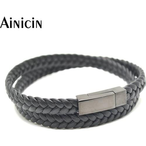 10pc New Arrival Genuine Leather Hand-knitted Multi-layers Bracelet 40cm / 16 inches Gun Black Plated Magnet Clasp Wrap Bangles