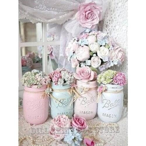 5D DIY Diamond Embroidery Shabby Chic Mason Jars,Flowers Full Diamond Painting Cross Stitch Mosaic Kit Needlework Home Decor Art
