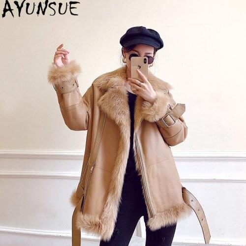 AYUNSUE 2020 Natural Fur Coat Female Motorcycle Leather Jacket Autumn Winter Jackets for Women Fashion Mujeres Abrigos 91626-186