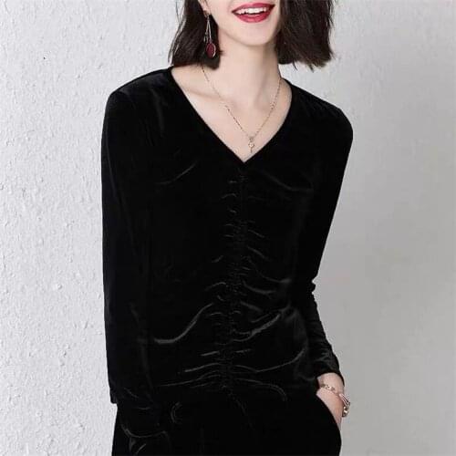 Ukraine women elegant V-neck Pleated Drawstring velour shirts Spring and Autunm office lady basic blouse plus size tops M-8XL
