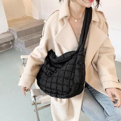 2021 Lattice Pattern Big Shoulder Bag Space Cotton Handbag Woman Large Capacity Tote Bags Feather Padded Ladies Shopping Bags