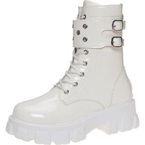 Womens Autumn Boots Winter Shining Leather Shoes Black White Botas Wedges Female Lace Up Platforms Women