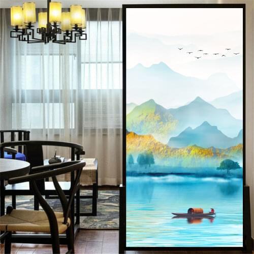 Decorative Windows Film Privacy Landscape Painting Stained Glass Window Stickers No Glue Static Cling Frosted Window Cling Tint