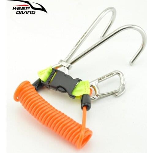 316 Stainless Steel Double Reef Hook with Spiral Coil Lanyard & Quick-release Buckle & O-ring Scuba Diving BCD Safe Equipment