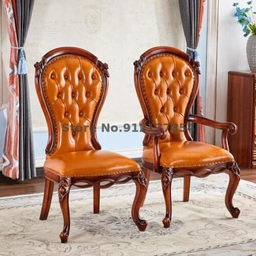 European dining chair solid wood backrest neo-classical leather light luxury retro home desk makeup simple leather chair